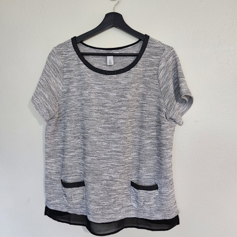 White House Black Market Marled Knit Top Faux Leather Trim Chiffon Hem Gray Size